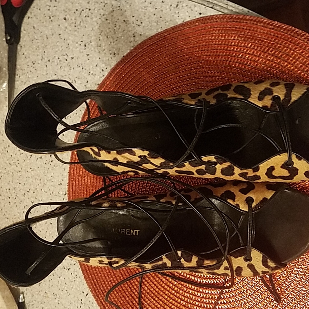 Saint Laurent Babies 90mm strappy sandal heels w pony hair size 38.5